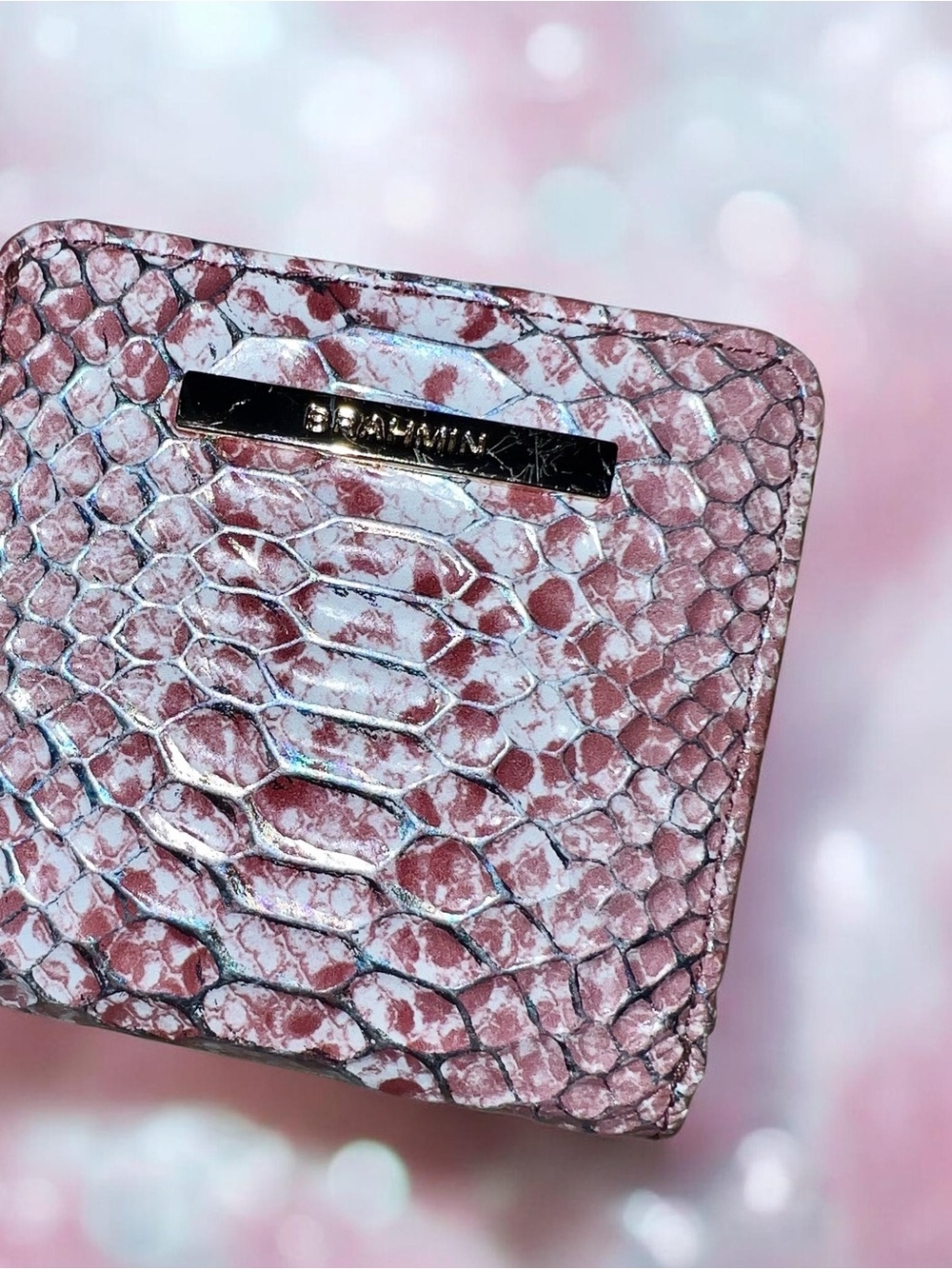 Brahmin Leather JANE Wallet in Multi Skyterra, Iridescent Pink Gray Snake Print